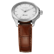 Titan 10077SL05 men's Vetra automatic watch with white dial and brown stainless steel strap, angled dial and hands detail