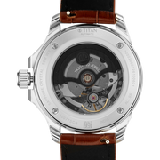 Titan 10077SL05 men's Vetra automatic watch with white dial and brown stainless steel strap, exhibition caseback showing the automatic movement
