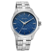Titan 10077SM01 men's Vetra automatic watch with blue dial and silver stainless steel strap, side and case detail view