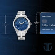 Titan 10077SM01 men's Vetra automatic watch with blue dial and silver stainless steel strap, case dimensions graphic