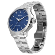 Titan 10077SM01 men's Vetra automatic watch with blue dial and silver stainless steel strap, bracelet or strap and case detail