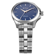 Titan 10077SM01 men's Vetra automatic watch with blue dial and silver stainless steel strap, angled dial and hands detail