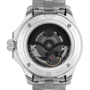 Titan 10077SM01 men's Vetra automatic watch with blue dial and silver stainless steel strap, exhibition caseback showing the automatic movement