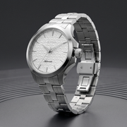 Titan 10077SM02 men's Vetra automatic watch with white dial and silver stainless steel strap, alternate angled product view