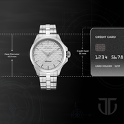 Titan 10077SM02 men's Vetra automatic watch with white dial and silver stainless steel strap, case dimensions graphic