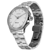 Titan 10077SM02 men's Vetra automatic watch with white dial and silver stainless steel strap, bracelet or strap and case detail