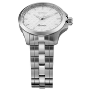 Titan 10077SM02 men's Vetra automatic watch with white dial and silver stainless steel strap, angled dial and hands detail