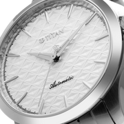 Titan 10077SM02 men's Vetra automatic watch with white dial and silver stainless steel strap, close-up of the dial