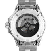 Titan 10077SM02 men's Vetra automatic watch with white dial and silver stainless steel strap, exhibition caseback showing the automatic movement