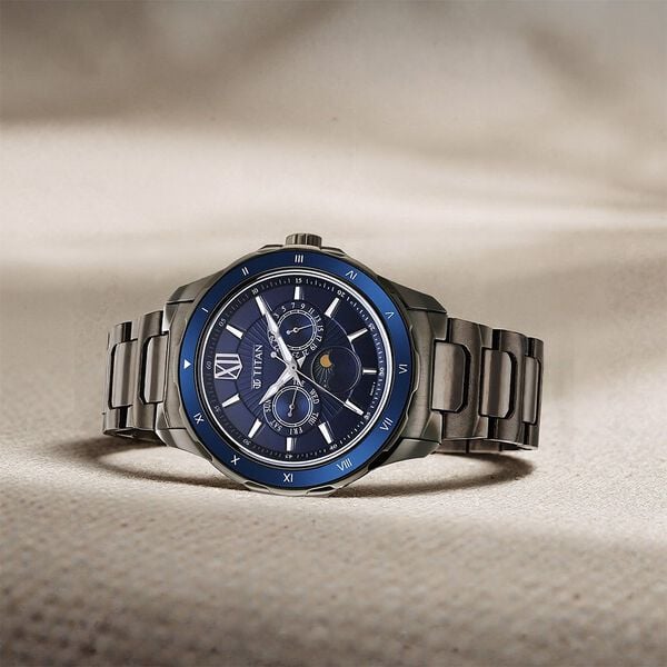 Titan 1688KM07 Regalia Premium Quartz Multifunction Analog Watch with Blue Dial and Dark Grey Stainless Steel Strap for Men