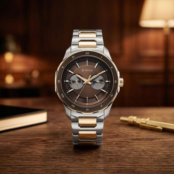 Titan 1688KM10 Regalia Opulent Quartz Analog Multifunction Watch with Brown Panda Dial and Two-Tone Stainless Steel Strap for Men 43mm