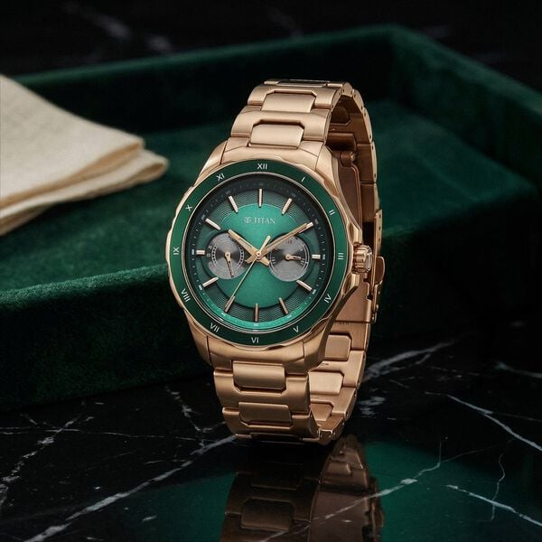 Titan 1688KM11 Regalia Opulent Quartz Analog Multifunction Watch with Green Panda Dial and Carnation-Tone Strap for Men 43mm