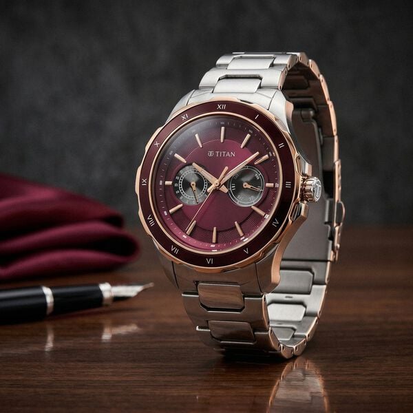 Titan 1688KM12 Regalia Opulent Quartz Analog Multifunction Watch with Burgundy Panda Dial and Stainless Steel Strap for Men 43mm