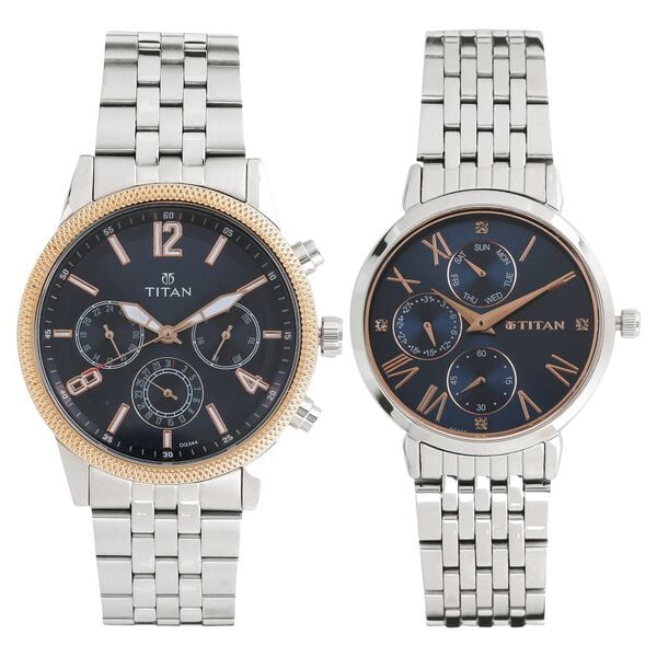 Titan 17342569KM01 Quartz Multifunction Couple Watch Set with Blue Dials and Silver Stainless Steel Straps for Couples