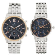 Titan 17342569KM01 Blue dial couple watch set with Silver Stainless Steel strap, official product gallery image 1