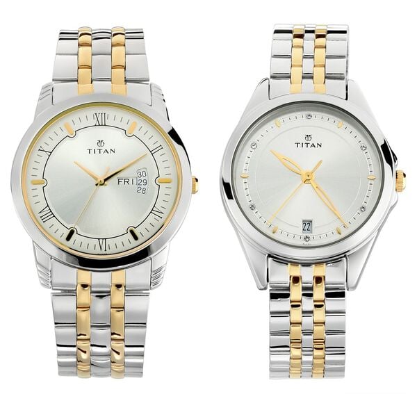 Titan 17742565BM01 Bandhan Quartz Analog Couple Watch Set with Day and Date, Silver Dials and Two-Tone Stainless Steel Straps 40.4mm & 32.4mm