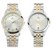 Titan 17742565BM01 couple watch set with silver dials and two-tone stainless steel bracelets, front view