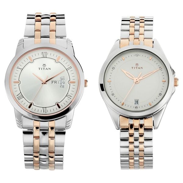 Titan 17742565KM01 Bandhan Quartz Analog Couple Watch Set with Day and Date, Silver Dials and Two-Tone Stainless Steel Straps 40.4mm & 32.4mm