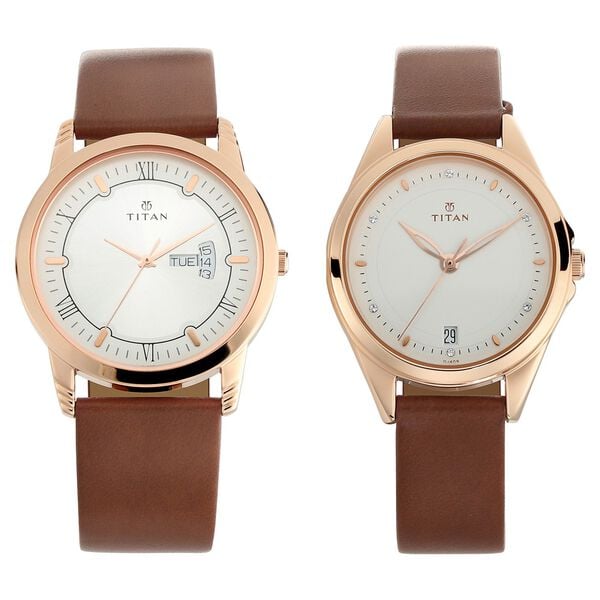 Titan 17742565WL01 Bandhan Quartz Analog Couple Watch Set with Day and Date, Silver Dials and Brown Leather Straps 40.4mm & 32.4mm