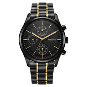 Titan 1805KM06 black dial watch with black stainless steel strap and gold-tone accents, front dial and bracelet view
