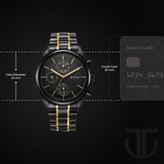 Titan 1805KM06 black dial watch with black stainless steel strap and gold-tone accents, case diameter comparison graphic