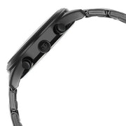 Titan 1805KM06 black dial watch with black stainless steel strap and gold-tone accents, side profile of case