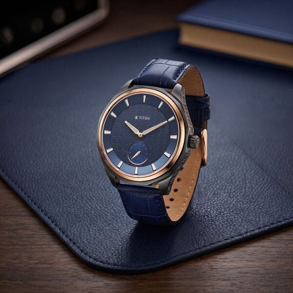 Titan 1829KL03 Regalia Opulent Analog Watch with Blue Dial and Blue Leather Strap for Men 49mm