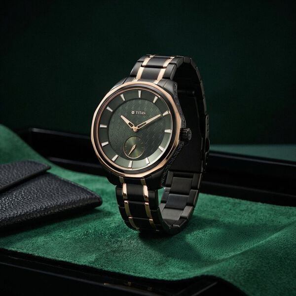 Titan 1829KM09 Regalia Opulent Analog Watch with Green Dial and Rose Gold and Black Bimetal Strap for Men 49mm