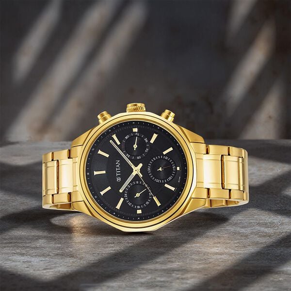 Titan 1829YM01 Regalia Opulent Quartz Multifunction Watch with Black Dial and Golden Stainless Steel Strap for Men 43mm