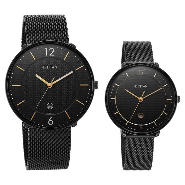 Titan 18492651NM01 Bandhan Quartz Analog Watch Set with Black Dial, Date Display and Stainless Steel Straps for Couples 41mm and 35mm