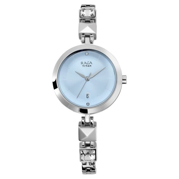 Titan 2606SM01 Raga Viva Quartz Analog Watch with Blue Dial and Silver Metal Strap for Women 28mm