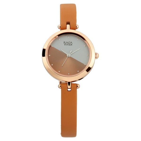 Titan 2606WL01 Raga Viva Quartz Analog Watch with Two Toned Dial and Tan Leather Strap for Women 28mm