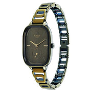 Titan 2687QM01 Raga Chic women's watch with green dial and green metal strap, angled view showing the shaped case and bracelet