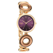 Titan 2745WM01 close view of the purple dial and sculpted rose gold links