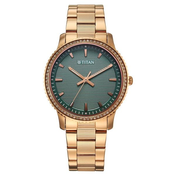Titan 2766WM01 Purple Sports Fashion Quartz Analog Watch with Green Dial and Rose Gold Stainless Steel Strap for Women 37mm