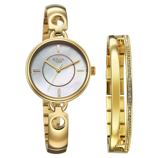 Titan 2774YM01F Raga Contempore Quartz Analog Watch with Mother of Pearl Dial and Gold Metal Strap for Women 32mm