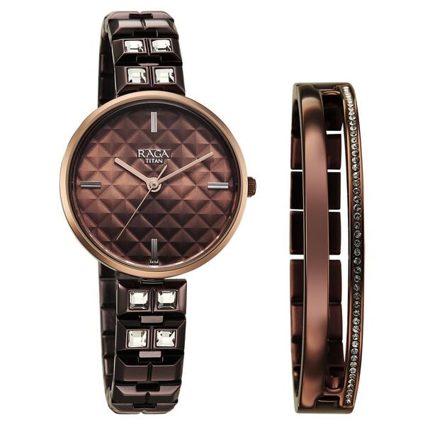 Titan 2775QM01F Raga Contempore Quartz Analog Watch with Brown Dial and Brown Metal Strap for Women 32mm