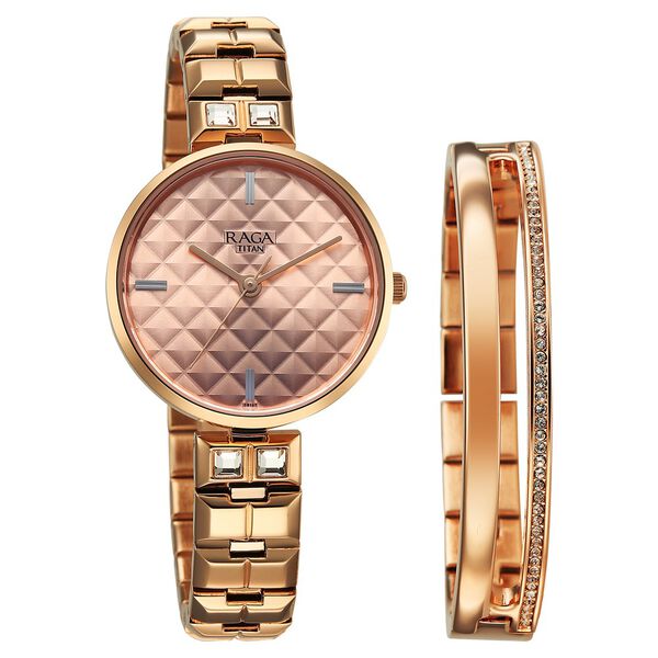 Titan 2775WM01F Raga Contempore Quartz Analog Watch with Rose Gold Dial and Rose Gold Metal Strap for Women 32mm