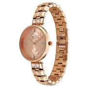 Titan 2775WM01F Raga Contempore women's watch with rose gold dial and rose gold metal strap, angled view showing the bracelet