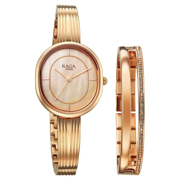 Titan 2776WM01F Raga Contempore Quartz Analog Watch with Rose Gold Mother of Pearl Dial and Rose Gold Metal Strap for Women 28mm