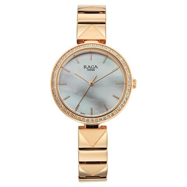 Titan 2787WM01 Raga DEC Blaze Quartz Analog Watch with Mother of Pearl Dial and Rose Gold Metal Strap for Women 33.2mm