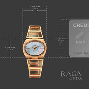 Titan 2797WM01F Raga Ethereal women's watch with mother of pearl dial and rose gold metal strap, case size and dimensions view