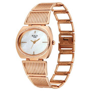 Titan 2797WM01F Raga Ethereal women's watch with mother of pearl dial and rose gold metal strap, angled case and bracelet view