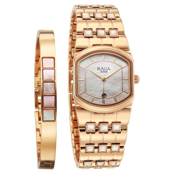 Titan 2805WM01F Raga Power Pearls 2.0 Quartz Analog Watch with Mother Of Pearl Dial and Rose Gold Metal Strap for Women 26mm