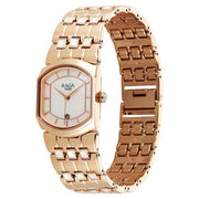 Titan 2805WM01F Raga Power Pearls 2.0 women's watch with mother of pearl dial and rose gold metal strap, angled view of the watch and bracelet