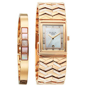 Titan 2806WM01F Raga Power Pearls 2.0 women's watch with mother of pearl dial and rose gold metal strap, product view with matching bracelet