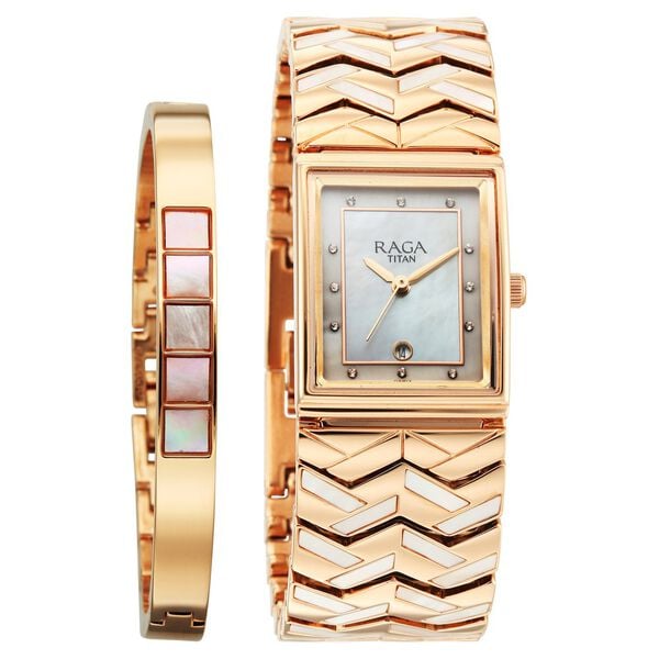 Titan 2806WM01F Raga Power Pearls 2.0 Quartz Analog Watch with Mother Of Pearl Dial and Rose Gold Metal Strap for Women 22.5mm