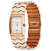 Titan 2806WM01F Raga Power Pearls 2.0 women's watch with mother of pearl dial and rose gold metal strap, angled view of the watch and bracelet