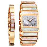 Titan 2808WM01F Raga Power Pearls 2.0 women's watch with mother of pearl dial and rose gold metal strap, product view with matching bracelet