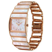 Titan 2808WM01F Raga Power Pearls 2.0 women's watch with mother of pearl dial and rose gold metal strap, angled view of the watch and bracelet